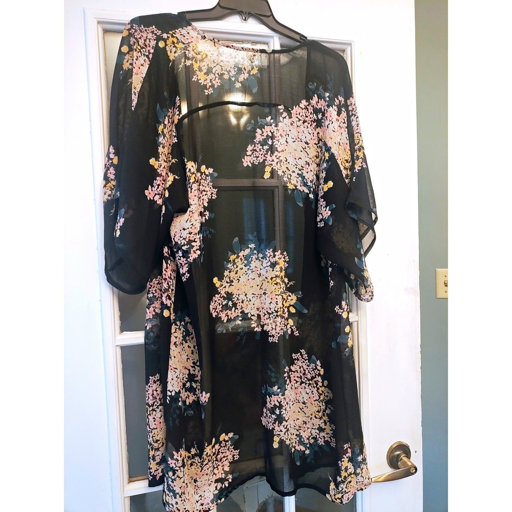 Maurices XL Black Floral Sheer Kimono Duster Boho Open Front Cardigan